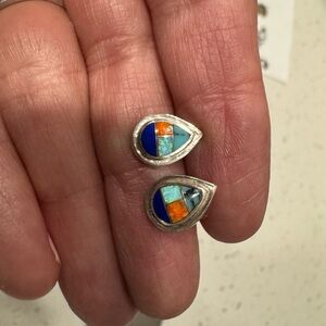 Silver and Blue Iridescent Earrings with Holographic Charm